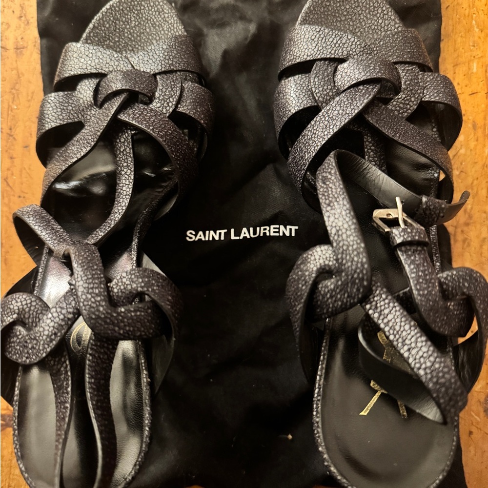 YSL Saint Laurent Tribute Black Grained Leather Platform High Heel Sandals - Picture 4 of 10